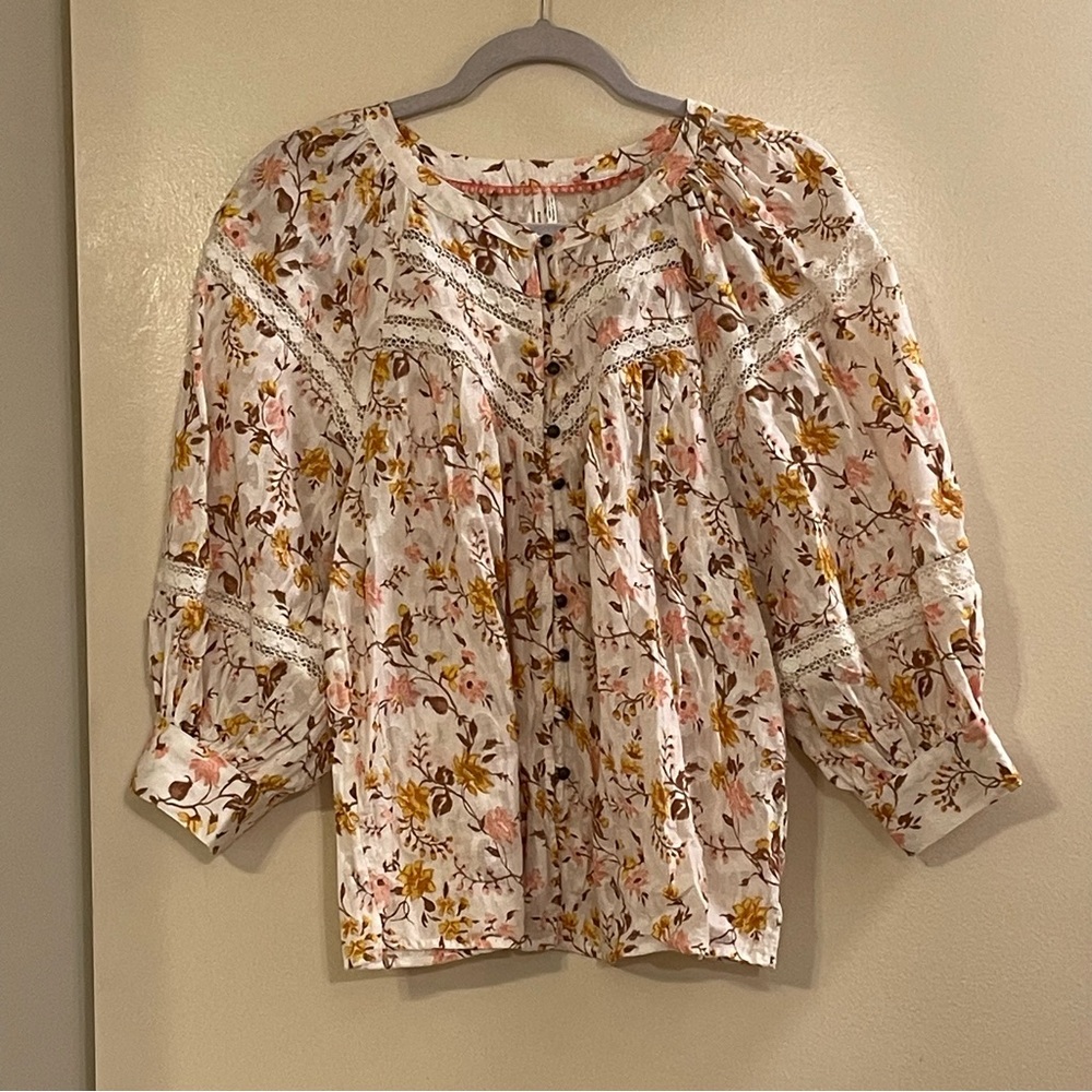 ANTHROPOLOGIE NWOT Harmony Lace Peasant Blouse in Neutral Motif - Picture 5 of 11